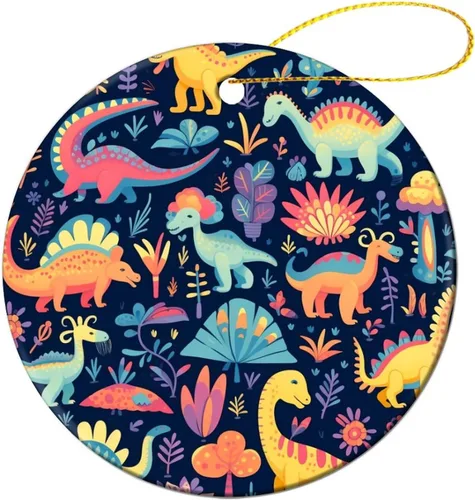Vista 16 de Adorno colorido con patrón de dinosaurio de 3 pulgadas, adorno de Navidad de cerámica de 3 pulgadas, bonito adorno de Navidad de dibujos animados