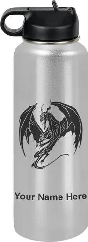Vista 14 de LaserGram Botella de agua con tapa abatible de doble pared de 12 onzas con pajilla, dragón, grabado personalizado incluido (negro)