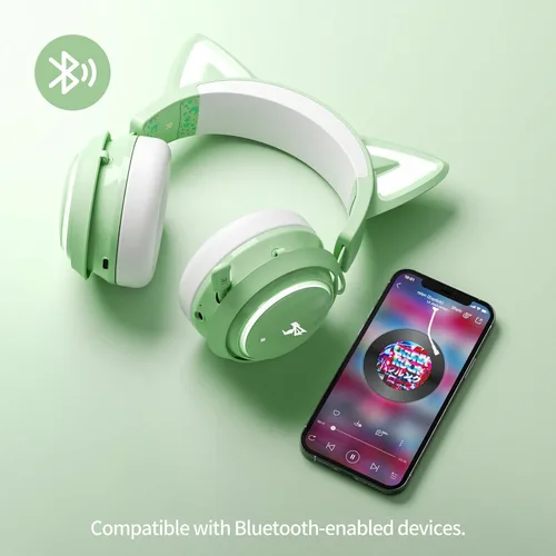 Vista 6 de Auriculares con orejas de gato, auriculares para juegos (inalámbricos, verde)