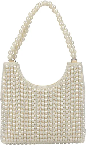 Vista 3 de Bolso de mano de perlas de estilo indio, bolso de mano de noche para mujeres y niñas, Blanco sucio