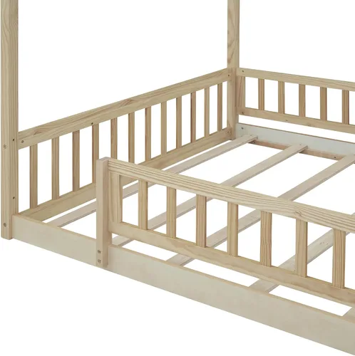 Vista 9 de RUNNA Marco de cama de madera de tamaño matrimonial con valla, para niños, adolescentes, niñas, niños, (Natural-Thinck 4col)
