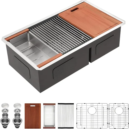 Vista 16 de Sarlai Fregadero de Cocina Dorado Bajo Encimera de 33 Pulgadas Doble Tazón 33 x 19 Pulgadas Bajo Dividido Dorado Estación de Trabajo Fregadero Doble