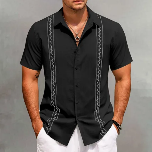 Vista 2 de Camisas de manga corta para hombre, estilo cubano, casual, con botones, para verano, para bolos, holgadas, hawaianas, para vacaciones en la playa