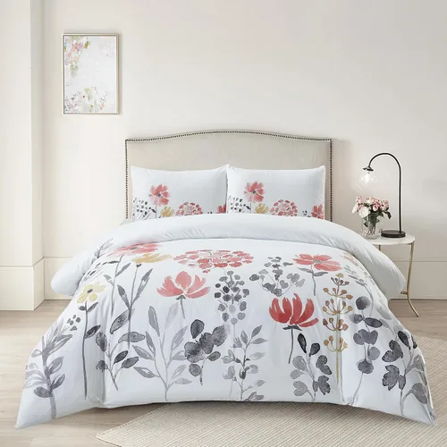 Vista 14 de Style Quarters Dahlia Lane - Juego de funda de edredón de 3 piezas, tallos florales multicolor con siluetas de hojas blancas, 100% algodón, lavable
