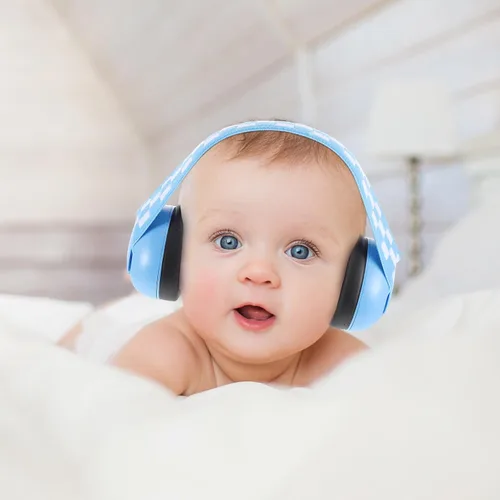 Vista 7 de Orejeras con cancelación de ruido para bebés con banda elástica ajustable, auriculares protectores azules para protección auditiva y reducción