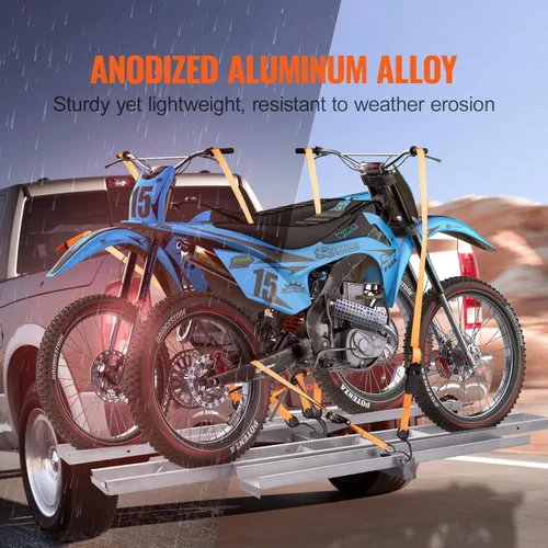 Vista 3 de VEVOR Portabicicletas, 2 bicicletas de 600 libras, soporte de enganche de motocicleta de aluminio, rampa de carga, transportador de remolque de moto