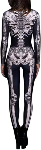Vista 4 de Disfraz ajustado para mujer de esqueleto con estampado, catsuit para cosplay y Halloween - S/M