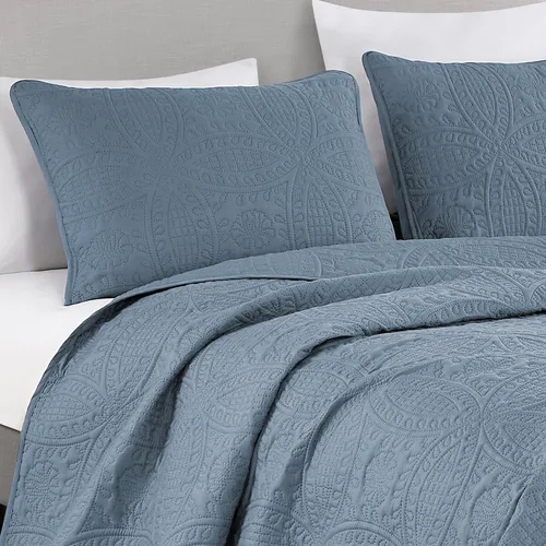 Vista 2 de Chezmoi Collection Austin - Juego de colcha tamaño matrimonial/doble, colcha de microfibra ligera acolchada Pinsonic de 3 piezas, color azul grisáceo