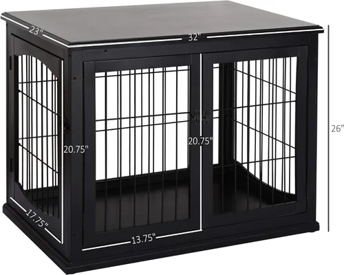 Vista 7 de PawHut Muebles de jaula para perros, mesa auxiliar de jaula para perros pequeños con dos lados de apertura, puerta con cerradura, perrera