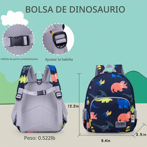 Vista 2 de willikiva Mochila de dinosaurio 3D para niños y niñas, mochila impermeable con arnés de seguridad preescolar (azul oscuro)