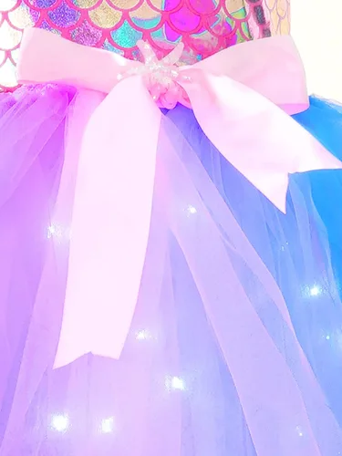 Vista 5 de MSemis Lighting Up - Disfraz de sirena de cumpleaños para niñas pequeñas, vestido de tutú metálico con diadema