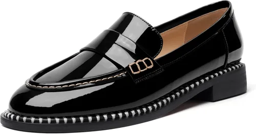 Vista 19 de FOGEENA Mocasines de tacón bajo para mujer, estilo casual, puntera redonda, de charol grueso, de 1 pulgada
