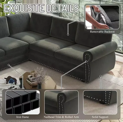 Vista 7 de Sofá cama seccional en forma de L de 6 asientos, sofá extraíble de chenilla gris Gris oscuro
