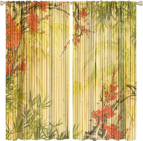 Vista 56 de Cortinas con estampado de bambú, tallos y hojas de bambú, temática oriental natural, oscurecimiento de habitación, ventana, ventana, cortina