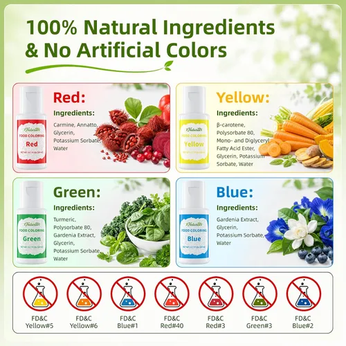 Vista 5 de Colorante natural para alimentos – FD&C y fórmula de color libre de tintes artificiales, 4 x 0.7 fl oz, botella grande, juego de tintes naturales