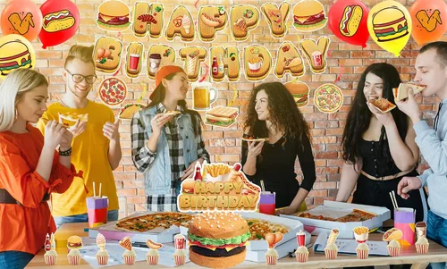 Vista 7 de Decoraciones de fiesta de comida rápida, papas fritas, pizza, hamburguesa, pollo frito, hot dog, suministros de fiesta, incluye pancarta