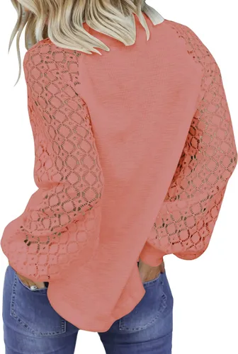 Vista 2 de MIHOLL - Camiseta de encaje y manga larga para mujer, estilo informal, blusa con corte suelto