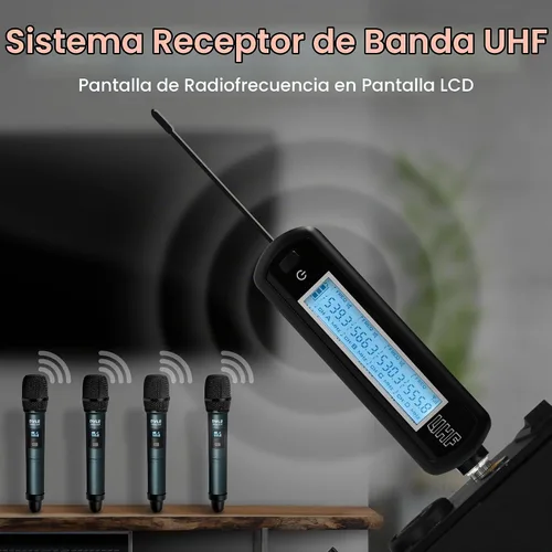 Vista 2 de Pyle Sistema Portátil de Receptor de Banda UHF, Sistema de Micrófono Inalámbrico de 4 Canales con Controles de Canal Independientes, Indicador LCD