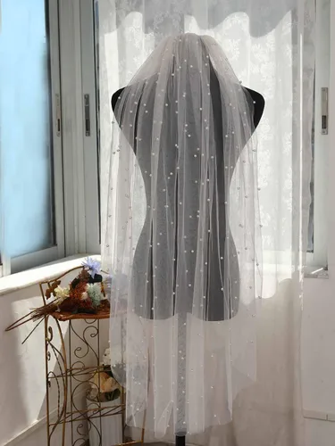 Vista 3 de Velos de novia con perlas y flores, catedral, velo de novia, 118 pulgadas, velos para novias, 1 nivel, longitud de los dedos, peine para el cabello