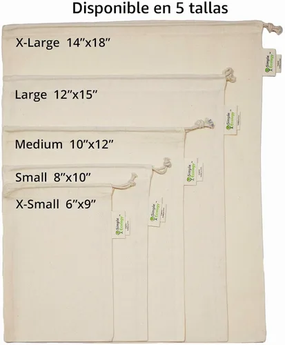 Vista 4 de Simple Ecology Bolsas reutilizables para compras y almacenamiento, muselina de algodón orgánico, juego de 6 (2 unidades de L, M, S)