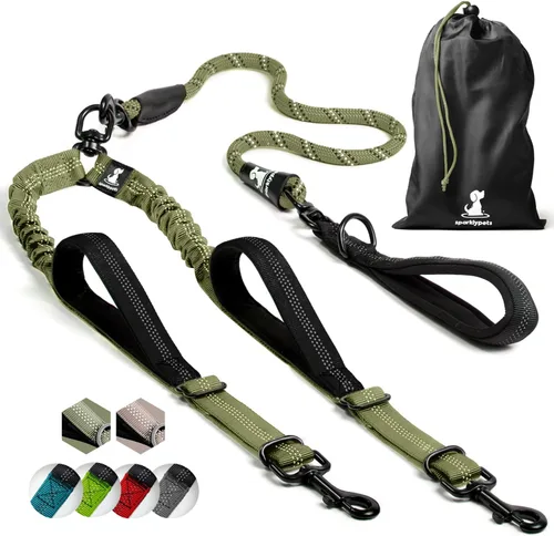 Vista 13 de Correa doble premium para dos perros, absorción de golpes, antitirón, doble correa para razas medianas y grandes con accesorio de correa doble