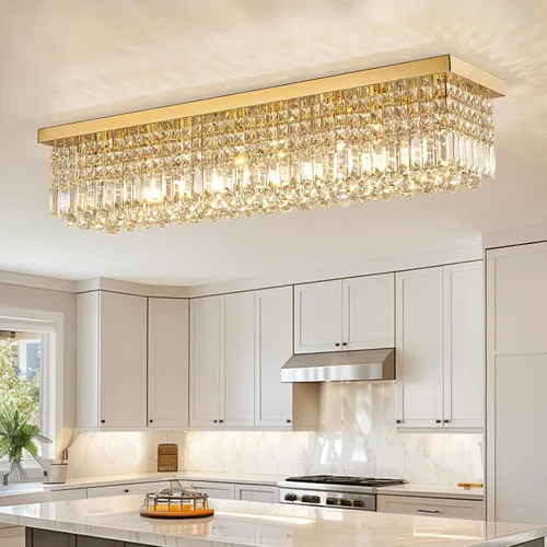 Vista 12 de Siljoy Candelabro de Cristal Moderno de 6 Luces Rectangular Dorado K9 Candelabro de Cristal en Forma de Gota de Lluvia para Comedor, Lámpara