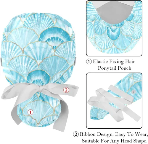 Vista 4 de 2 gorras de trabajo para mujer con botón Ocean Turtle cubierta de pelo largo cinta con cordones