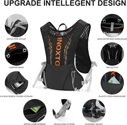 Vista 3 de INOXTO - Mochila de hidratación para correr, ligera, aislada, con bolsa de agua de 1.5 L, mochila para senderismo, correr, ciclismo, carrera