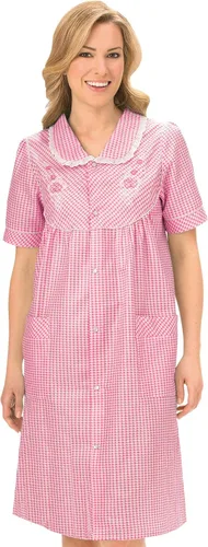 Vista 9 de Collections Etc Collections Etc. Gingham - Bata de mujer con detalles florales, cierre frontal a presión y ribete de encaje para mujer Azul