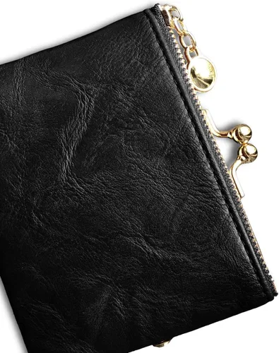 Vista 6 de PofeeXIO Billetera para mujer con RFID, pequeña, compacta, de piel, vintage, con cremallera y cierre de beso