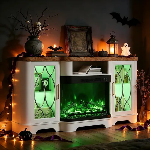 Vista 11 de Soporte de TV estriado de 70 pulgadas con chimenea eléctrica curvada Negro