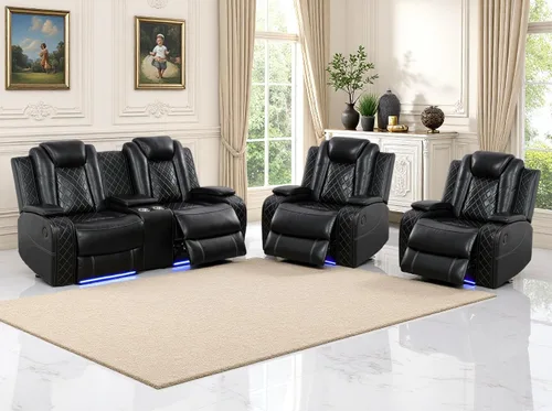 Vista 50 de Juego de sofás reclinables eléctricos, juegos de muebles de sala de estar, sofá reclinable eléctrico moderno negro, sofá biplaza y silla
