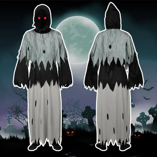 Vista 2 de Alaiyaky Disfraz de la parca para niños y niños, disfraz de Halloween para adultos con ojos rojos brillantes, guadaña, cadena
