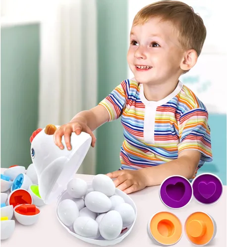 Vista 5 de Huevos de Pascua de emparejamiento para niños pequeños con caja de pollo para empujar y tirar, 12 piezas, juguete Montessori clasificador