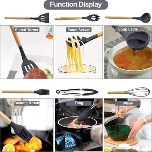 Vista 4 de LDC - Juego de utensilios de cocina de silicona de 35 piezas con soporte, silicona de grado alimenticio sin BPA, asas de madera resistentes al Gris