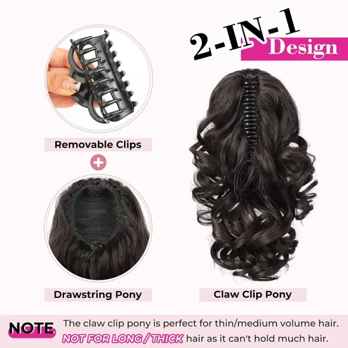 Vista 3 de REECHO Extensión de cola de caballo de 12 pulgadas, pinza de cola de caballo rizada y ondulada clásica para mujeres - Negro