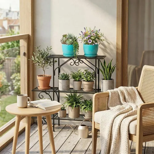 Vista 4 de MyGift - Juego de 2 macetas de cerámica con diseño de rayos de sol, macetas decorativas con platillos, Moderno, S, Agua (Aqua)