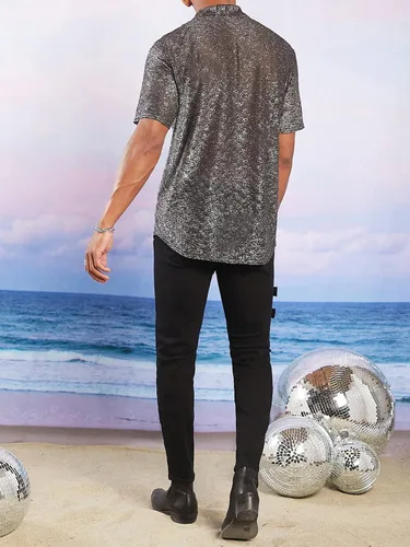 Vista 2 de WDIRARA Camisa de manga corta con botones de purpurina en contraste para hombre
