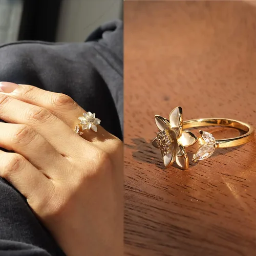 Vista 3 de Sonateomber Anillo de oro abierto ajustable con flores de primavera para mujer, moderno y elegante, con circonita cúbica única esmaltada frontal