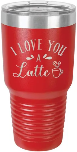 Vista 17 de Taza de viaje de acero con recubrimiento de polvo grabado con láser, con texto en inglés "I Love You A LATTE Engraved Tumbler", sin BPA