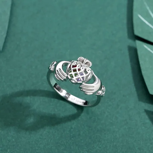 Vista 4 de ROWAWA Claddagh Anillo de plata de ley 925 con piedra de nacimiento anillos enjaulados corazón anillos personalizados grabados para niñas y mujeres