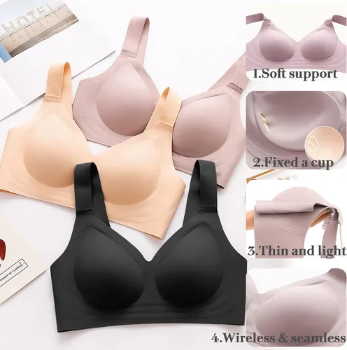 Vista 4 de Brasier sin costuras inalámbrico para mujer, cuello en V profundo, cómodo brasier con cobertura completa, sujetadores acolchados cómodos