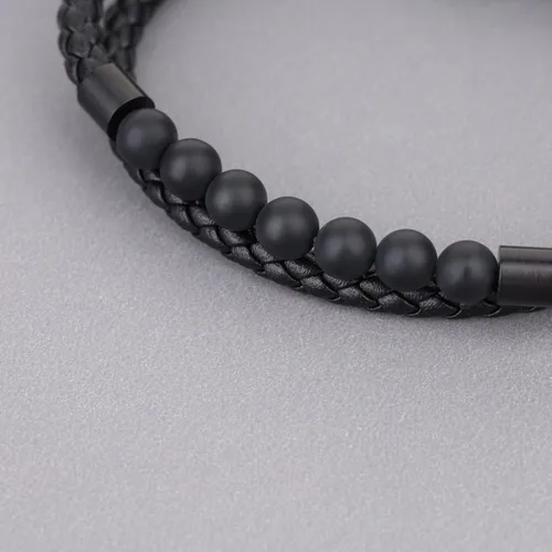 Vista 6 de COAI Pulsera de cuero con cuentas de piedra de doble capa