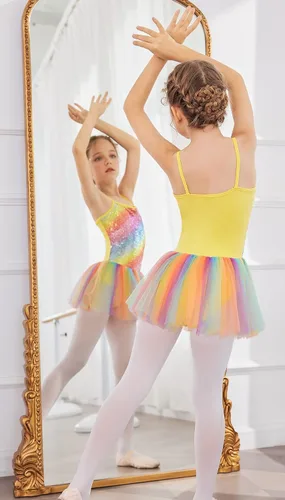 Vista 6 de Zaclotre Leotardo de lentejuelas para niñas pequeñas, leotardos de ballet con correa brillante, vestido tutú, traje de bailarina, disfraz de baile