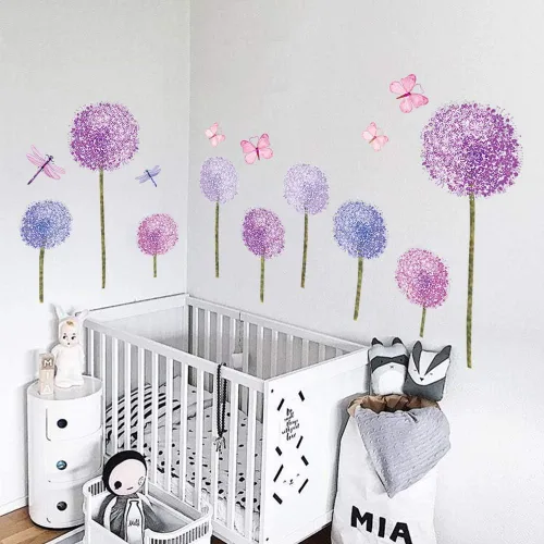 Vista 3 de Calcomanías de pared de dientes de león morados, mariposas, flores, decoración de pared para niñas, dormitorio, sala de estar
