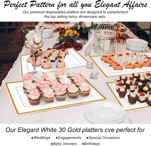 Vista 3 de Uiifan 30 bandejas de plástico para servir a granel, borde de oro blanco, elegante, rectangular, desechable, mesa de postre de plástico, bandejas