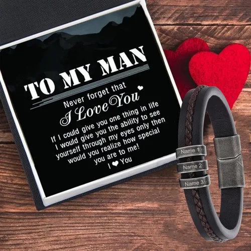 Vista 3 de Pulseras personalizadas con nombre para hombre, pulsera de cuero para hombre con 2-5 nombres de niños, regalos personalizados para papá, esposo, hijo
