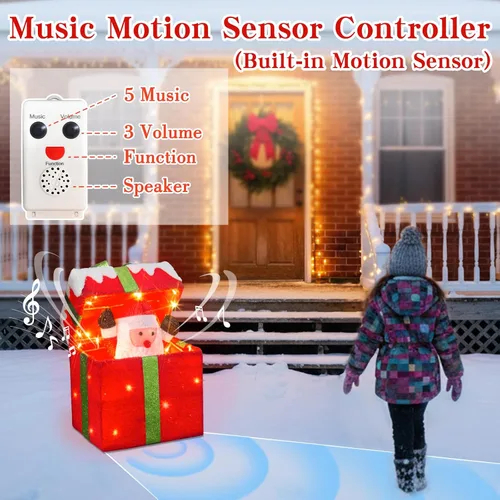Vista 10 de PEIDUO Papá Noel de Navidad animado en caja de regalo iluminada, luces decorativas de música navideña con sensor de movimiento, decoraciones