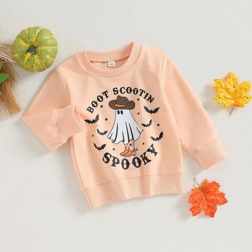 Vista 2 de Disfraz de Halloween para bebé, sudadera de calabaza con cuello redondo, suéter de manga larga, ropa de otoño
