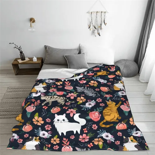 Vista 7 de Manta de flores de gato, suave, cálida, ligera, acogedora manta de felpa para cama, sofá, oficina, decoración de regalos para niños y mujeres, 50 x